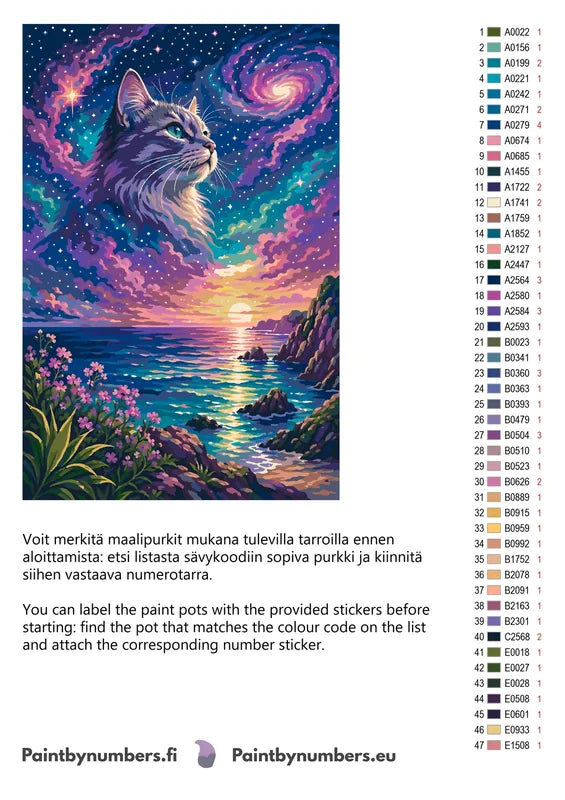 Color chart and instructions - Cat Galaxy Sunset 40x50cm