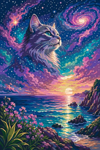 Thumbnail for A cat above the galaxy and sunset Paint By Numbers. Colorful sky, sea, flowers.