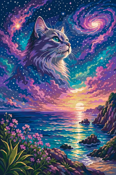 A cat above the galaxy and sunset Paint By Numbers. Colorful sky, sea, flowers.