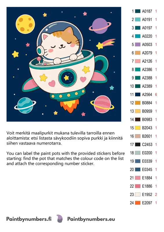 Color chart and instructions - Cat in Spaceship 50x50cm