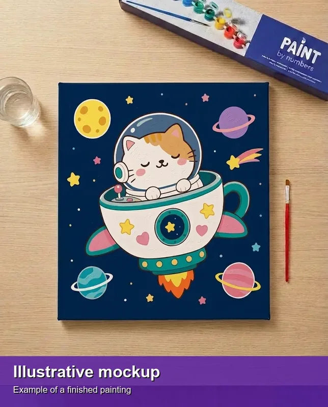 Illustration of the completed paint by numbers - Cat in Spaceship 50x50cm