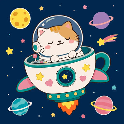 A cat in a spaceship Paint By Numbers, with planets and stars in the background.