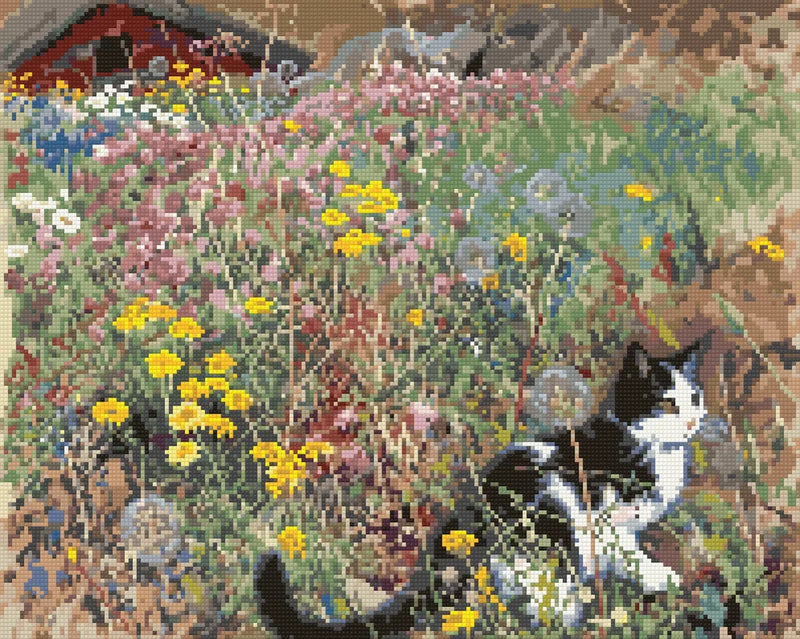 Cat on a flowery meadow by Liljefors, 50x40 cm diamond painting – finished design preview