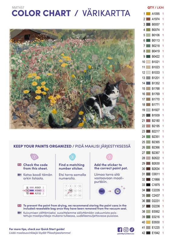 Färgkarta och instruktioner för Katt på blomsteräng