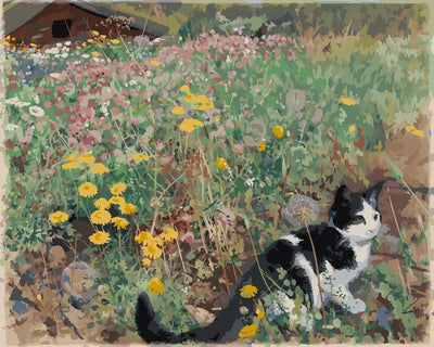 Svartvit katt bland ängsblommor i Liljefors Katt på blomsteräng som måla efter nummer-motiv