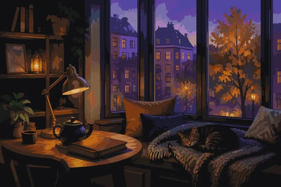 Cat on window bench at dusk paint by numbers.