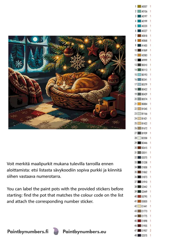 Paint color chart and instructions - Cat Sleeping Under Christmas Tree 50x40cm