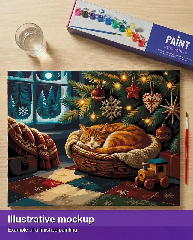 Finished paint by numbers mockup - Cat Sleeping Under Christmas Tree 50x40cm