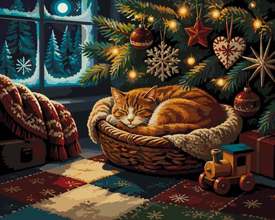 Orange cat sleeping in a basket under Christmas tree paint by numbers.