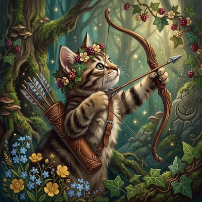 Diamond painting of a cat as an archer in an enchanted forest among flowers and berries.