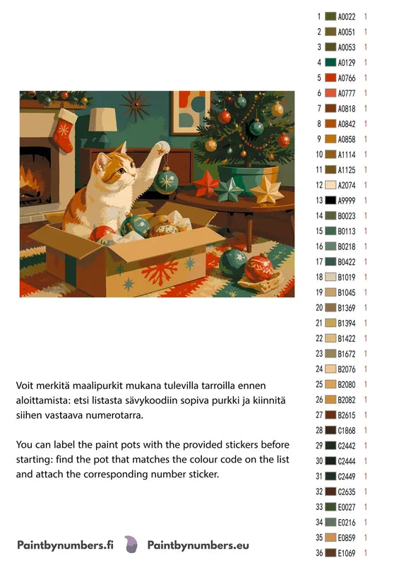 Paint color chart and instructions - Cat with Christmas Ornaments 40x30cm