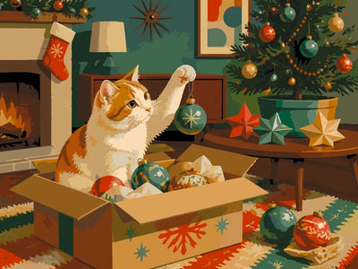 Cat in box with Christmas ornaments paint by numbers.