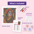 Thumbnail for What is included in the Catrina Day of the Dead diamond painting kit - adhesive canvas, reference sheet, tools and numbered drill bags
