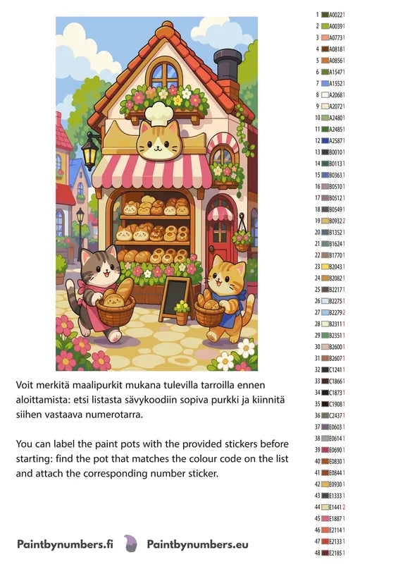 Paint color chart and instructions - Cats at Bakery Shop 40x70cm