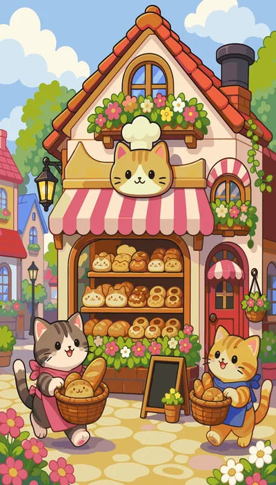 Two illustrated cats at bakery shop paint by numbers