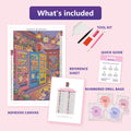 Thumbnail for Cats at Vending Machines 40x60cm diamond painting kit contents: adhesive canvas, color chart, tools, and diamond bags