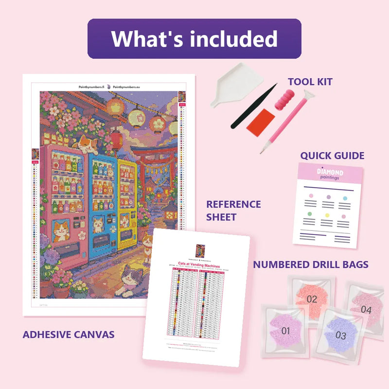 Cats at Vending Machines 40x60cm diamond painting kit contents: adhesive canvas, color chart, tools, and diamond bags