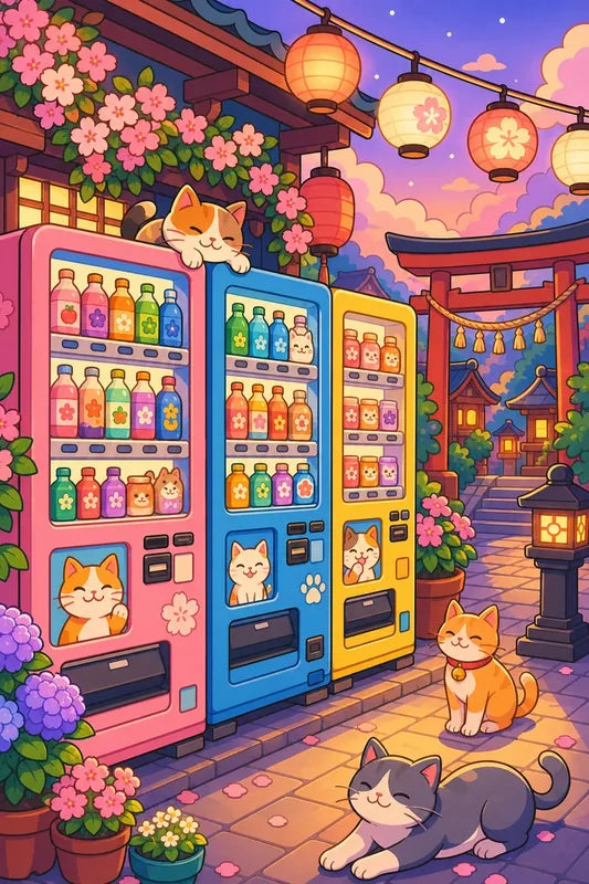 Diamond painting featuring cats, colorful vending machines, and lanterns in a Japanese evening scene.