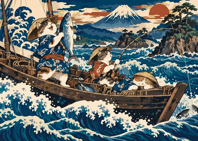 Cats fishing in boat paint by numbers. Blue waves and mountain in background.