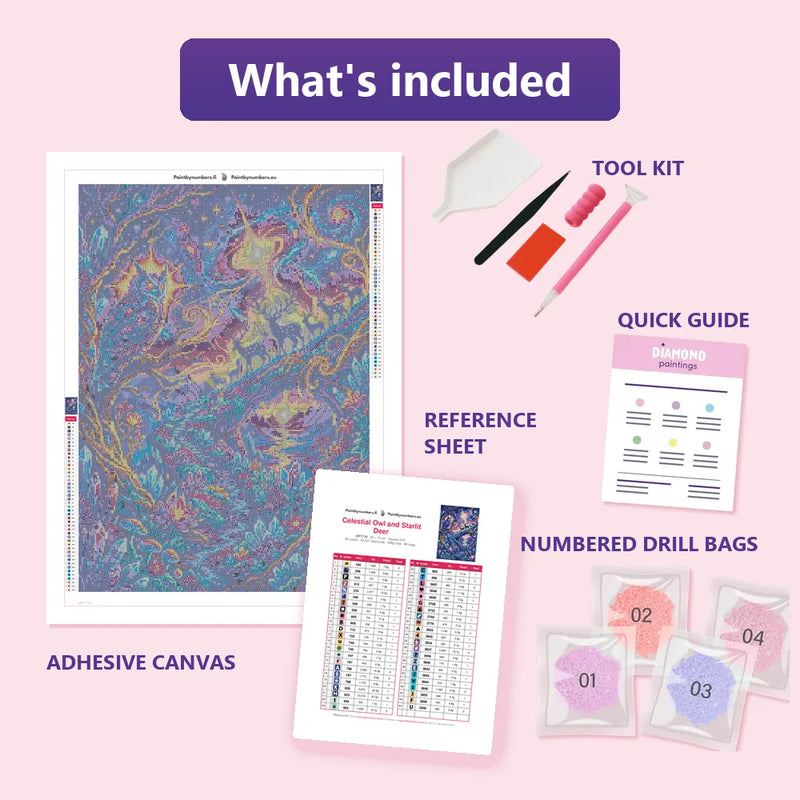 What is included in the Celestial Owl and Starlit Deer diamond painting kit - adhesive canvas, reference sheet, tools and numbered drill bags