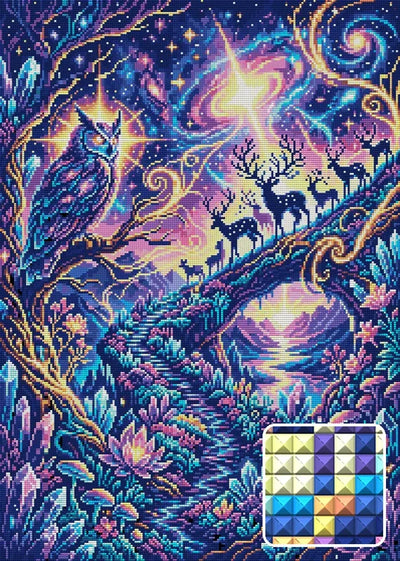 Celestial Owl and Starlit Deer, 50x70 cm diamond painting – finished design preview with a close-up of square drills