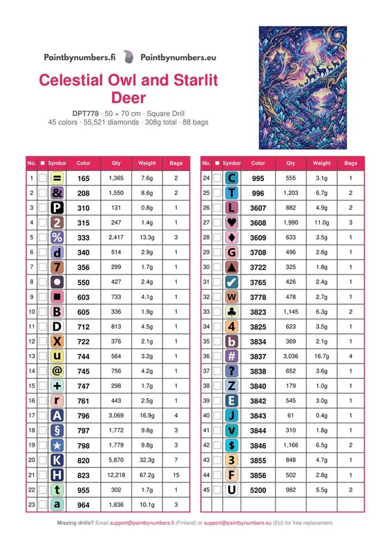 DMC color chart for Celestial Owl and Starlit Deer diamond painting - 45 colors