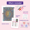 Thumbnail for What is included in the Celestial Sun and Moon Tarot diamond painting kit - adhesive canvas, reference sheet, tools and numbered drill bags