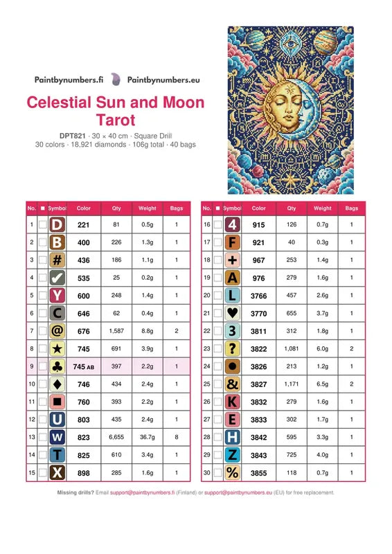 DMC color chart for Celestial Sun and Moon Tarot diamond painting - 30 colors