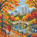 Miniatyrbild: Förhandsvisning: en valvbro i Central Park med höstlöv, svanar och speglingar i dammen