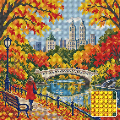 Central Park Amber Footbridge, 40x40 cm diamond painting – finished design preview with a close-up of round drills