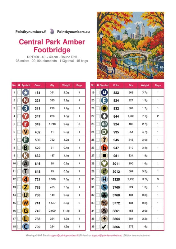 DMC color chart for Central Park Amber Footbridge diamond painting - 36 colors