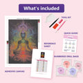 Thumbnail for Chakra Buddha 40x60cm diamond painting kit contents: adhesive canvas, color chart, tools and diamond bags