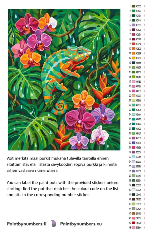 Paint color chart and instructions - Chameleon and Orchids 40x50cm