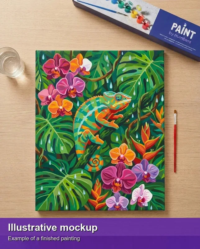 Finished paint by numbers mockup - Chameleon and Orchids 40x50cm