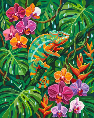 Chameleon among orchids and tropical leaves paint by numbers