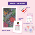 Thumbnail for What is included in the Chameleon on Branch diamond painting kit - adhesive canvas, reference sheet, tools and numbered drill bags