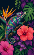 Thumbnail for Diamond Painting of a chameleon among tropical flowers and leaves.