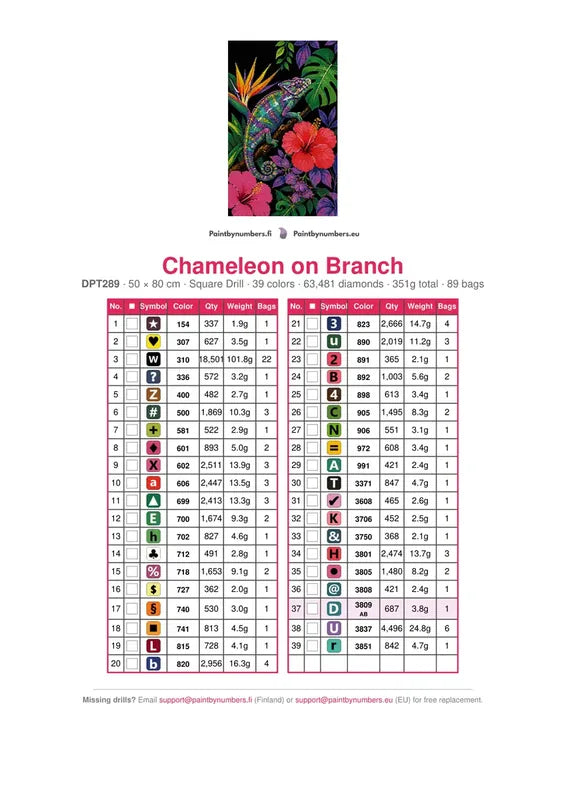 DMC color chart for Chameleon on Branch diamond painting - 39 colors