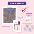 Thumbnail for What is included in the Charming Evening Village Street diamond painting kit - adhesive canvas, reference sheet, tools and numbered drill bags