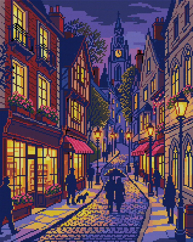 Charming Evening Village Street, 40x50 cm diamond painting – full design preview without the close-up inset