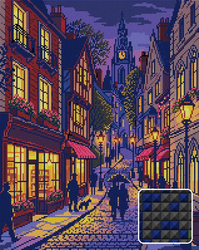 Charming Evening Village Street, 40x50 cm diamond painting – finished design preview with a close-up of square drills