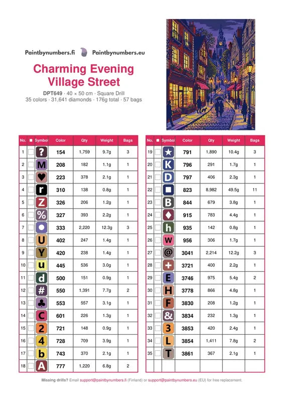 DMC color chart for Charming Evening Village Street diamond painting - 35 colors