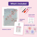 Thumbnail for Cherry Blossom Branch 30x40cm diamond painting kit contents: adhesive canvas, color chart, tools and diamond bags
