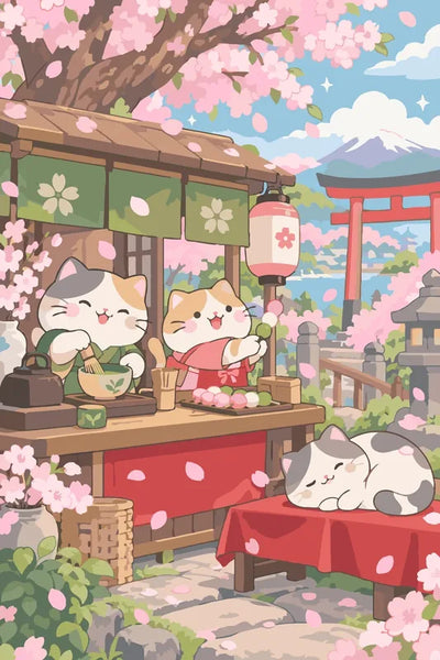 Cats at a Japanese tea stand with cherry blossoms paint by numbers.