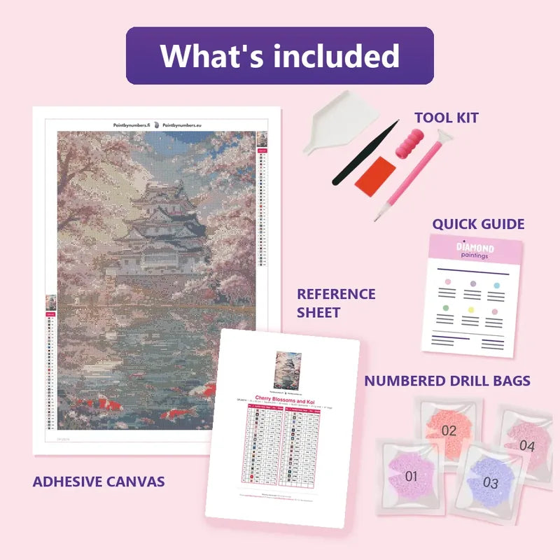 Cherry Blossoms and Koi 40x60cm diamond painting kit contents: adhesive canvas, color chart, tools and diamond bags