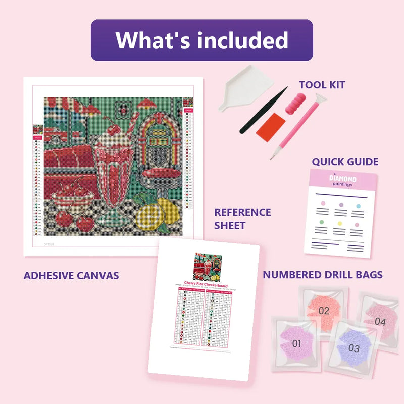 What is included in the Cherry Fizz Checkerboard diamond painting kit - adhesive canvas, reference sheet, tools and numbered drill bags