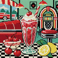 Miniatyrbild: Diamond painting-motiv med en körsbärsmilkshake i en restaurang med jukebox och rutigt golv