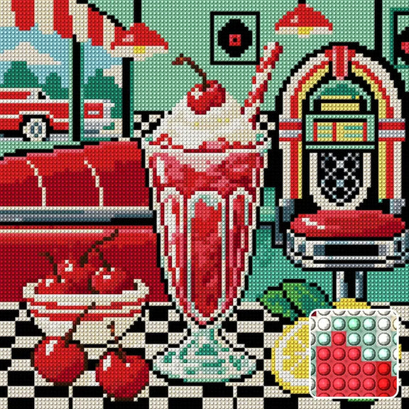 Cherry Fizz Checkerboard, 30x30 cm diamond painting – finished design preview with a close-up of round drills