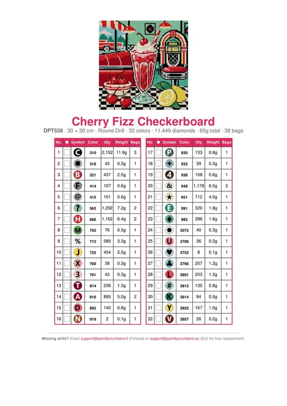 DMC color chart for Cherry Fizz Checkerboard diamond painting - 32 colors