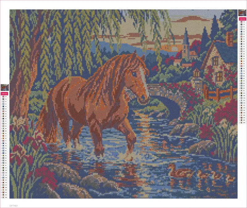 Diamond painting adhesive canvas preview - Chestnut at the Willow Ford